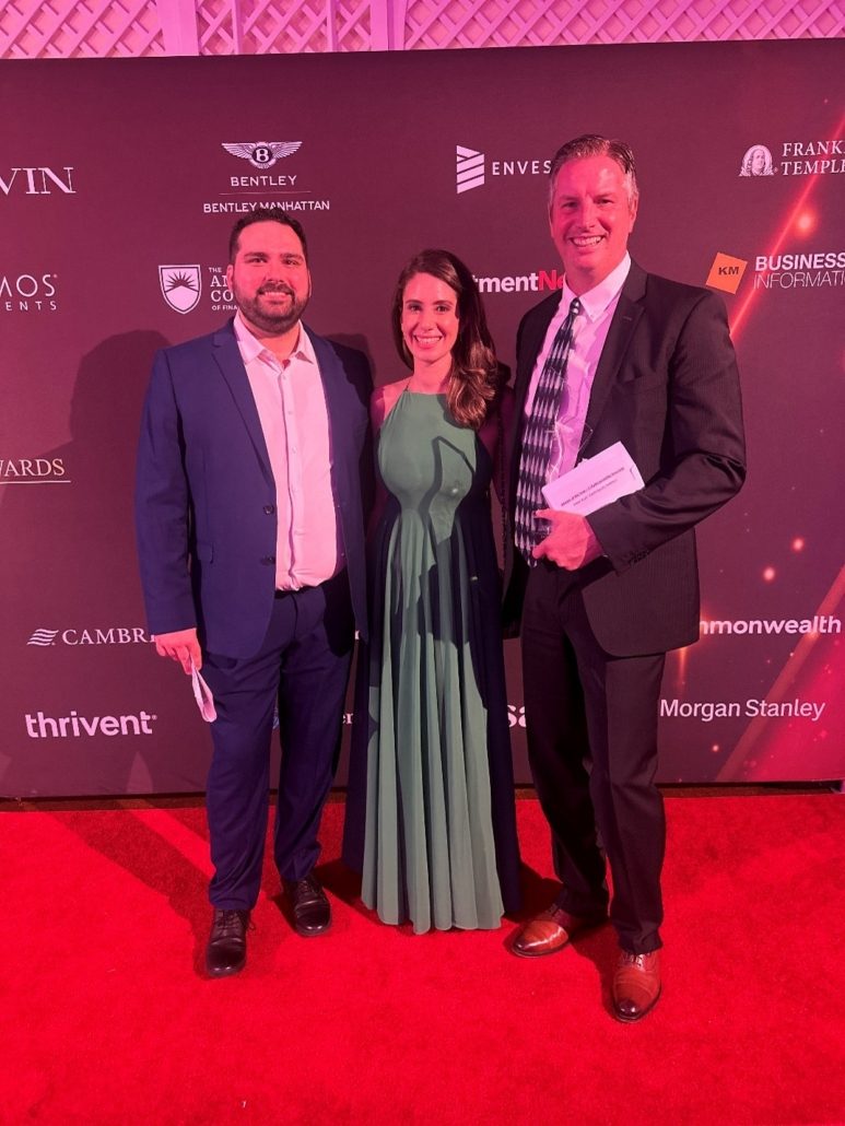 InvestmentNews reporter Josh Welsh, Abbie Sheridan and I celebrating at the InvestmentNews Awards after I was named the ESG/Responsible Investing Advisor of the Year Award.